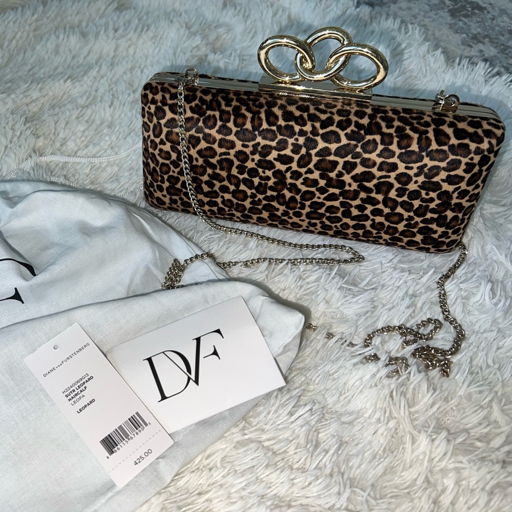 Diane Von Furstenberg Sutra Hard Shell Leopard Pony Hair Leather Clutch